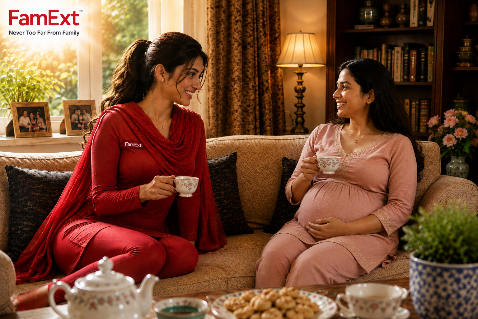 FamExt companion sharing tea and conversation with a loved one