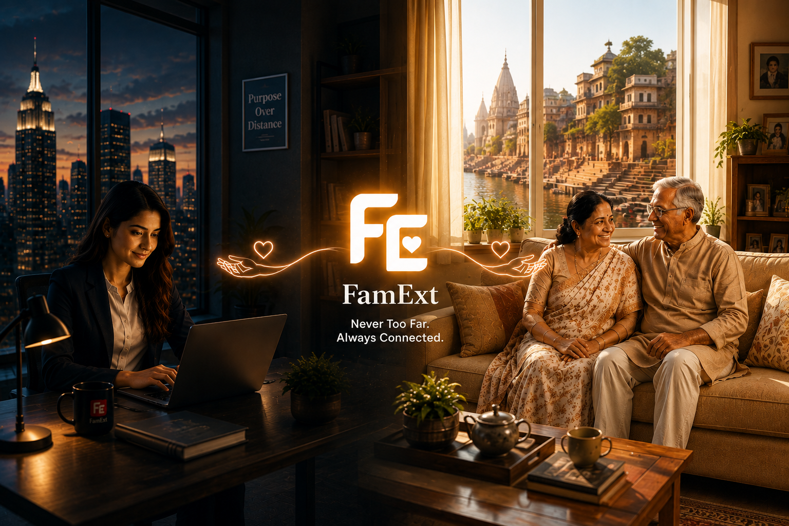 FamExt connecting a family member living away with loved ones receiving trusted support at home